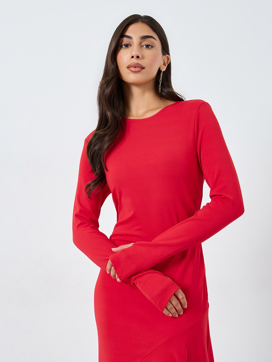 Solid Long Sleeve Asymmetric Hem Midi Dress