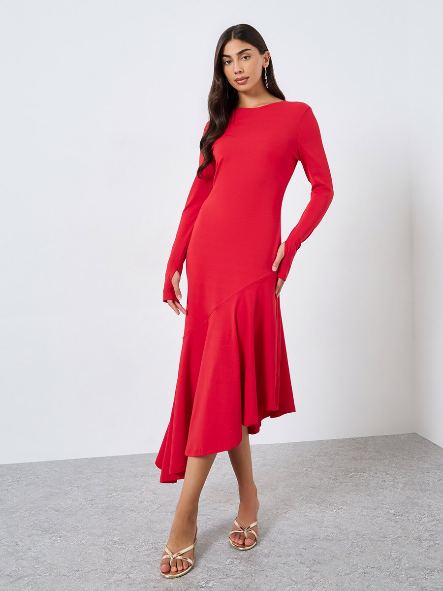 Solid Long Sleeve Asymmetric Hem Midi Dress