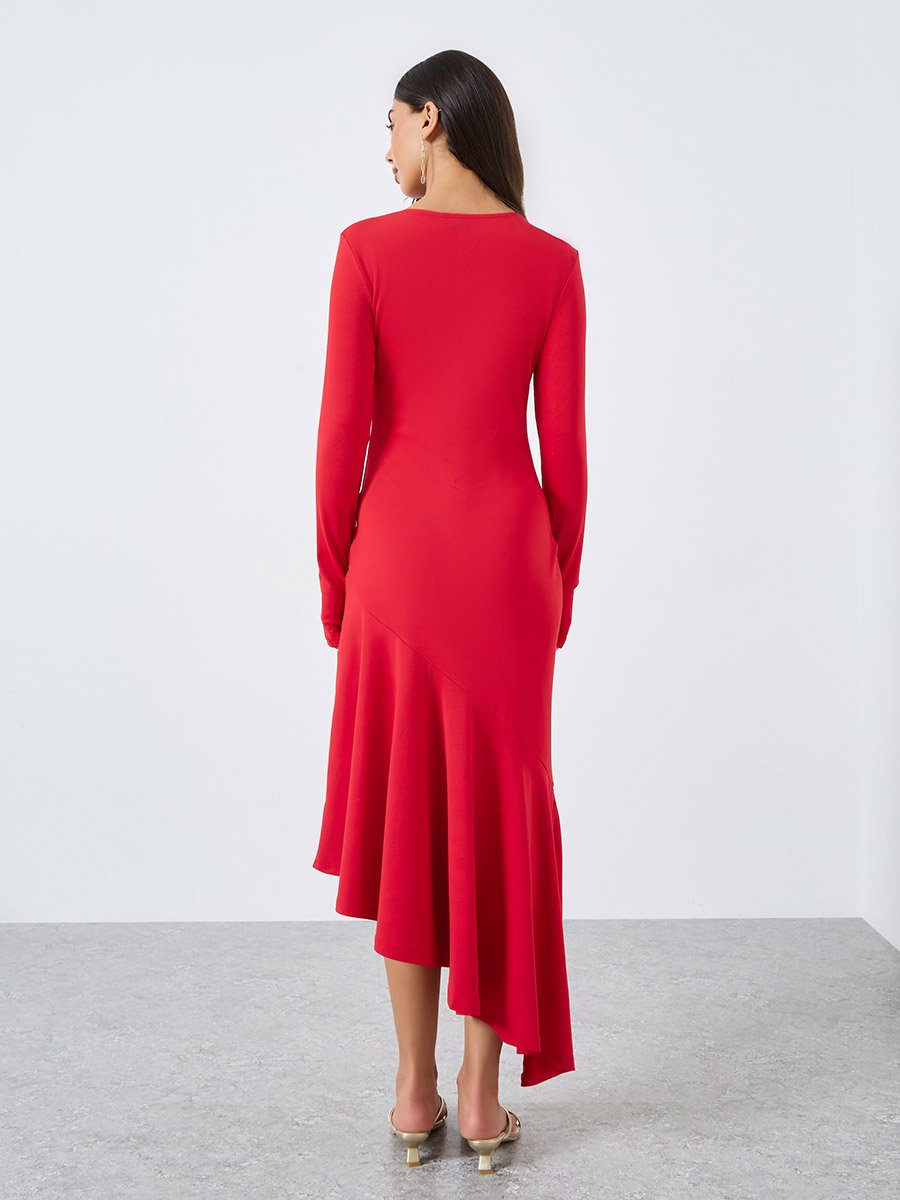 Solid Long Sleeve Asymmetric Hem Midi Dress