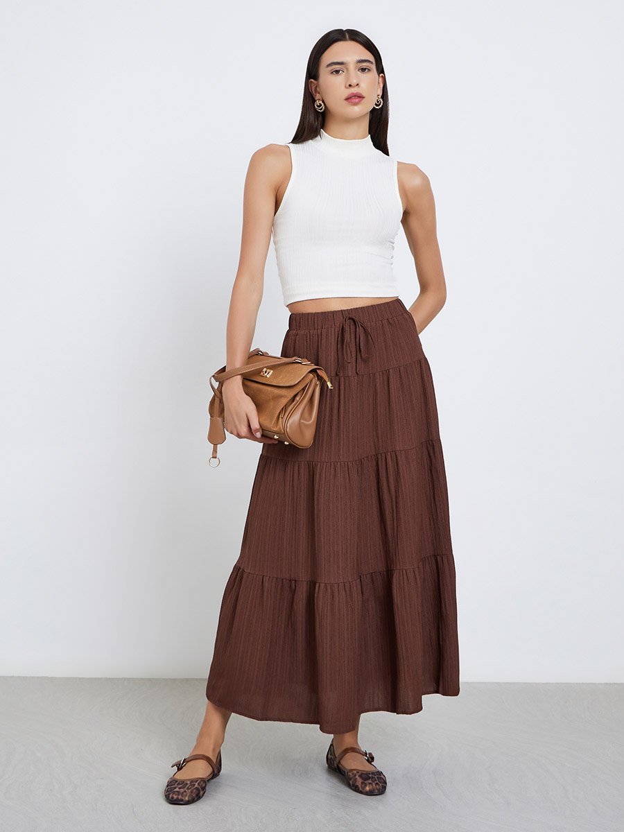 Brown Solid Tiered Maxi Skirt
