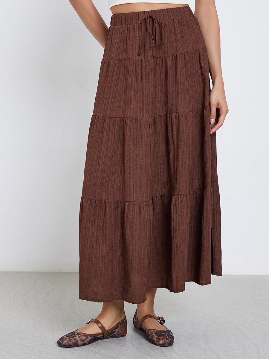 Brown Solid Tiered Maxi Skirt