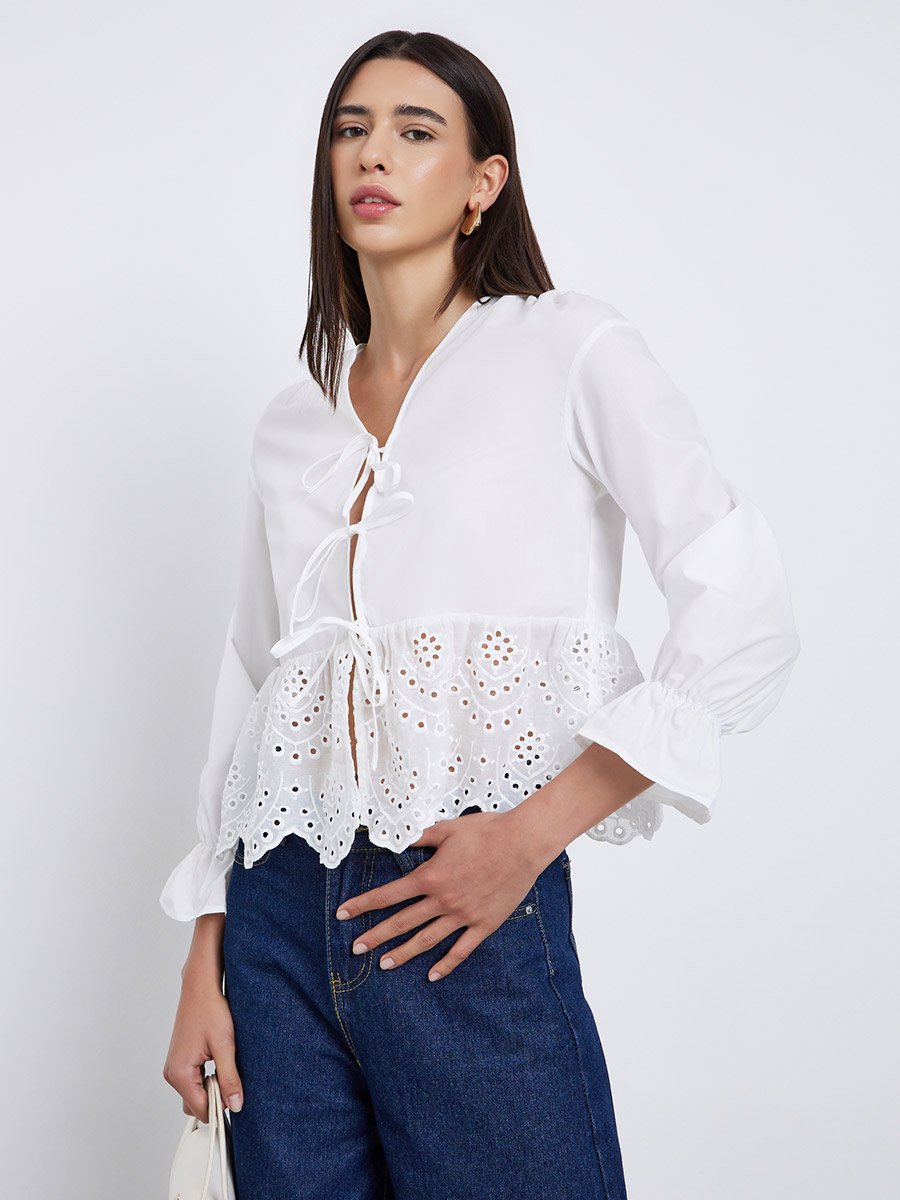 White Long Sleeve Tie-Front Top