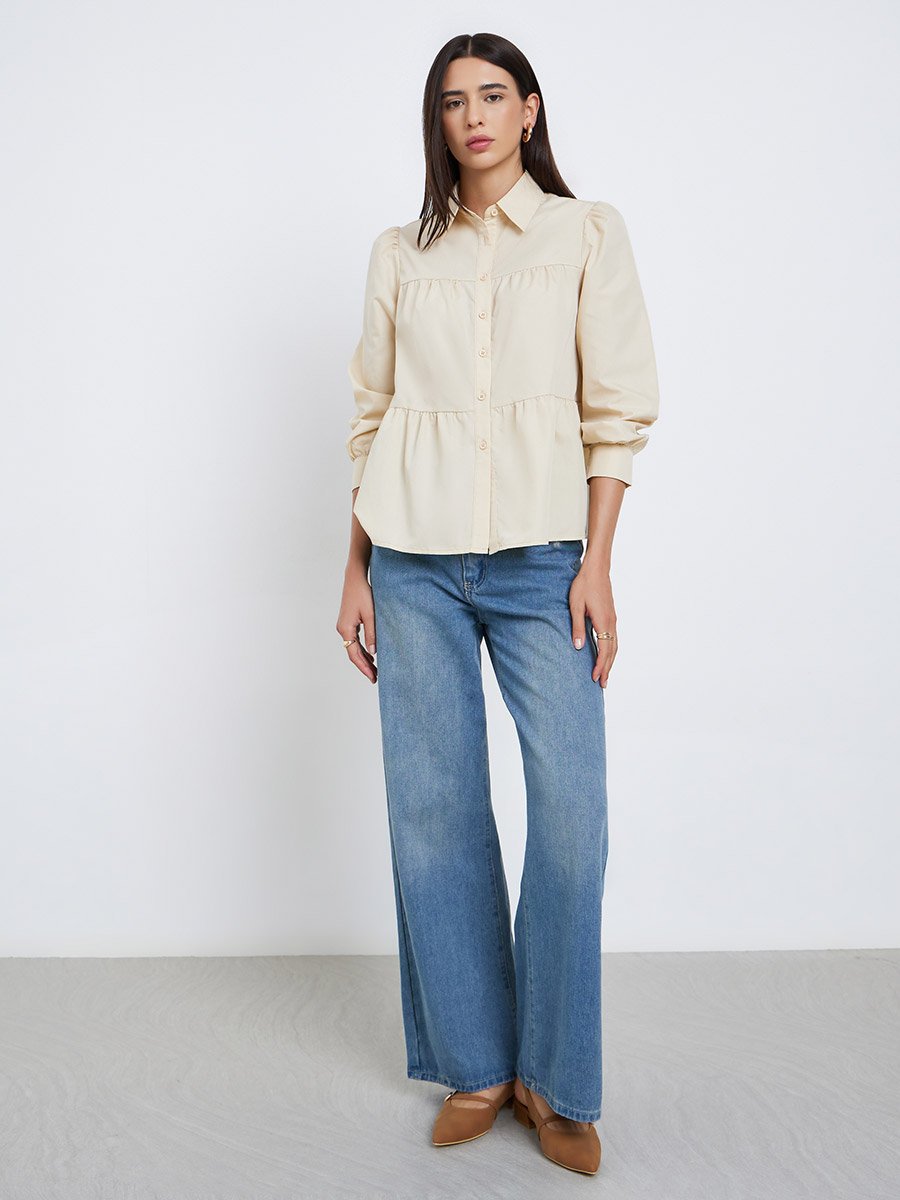 Beige Button Front Puff Sleeve Shirt