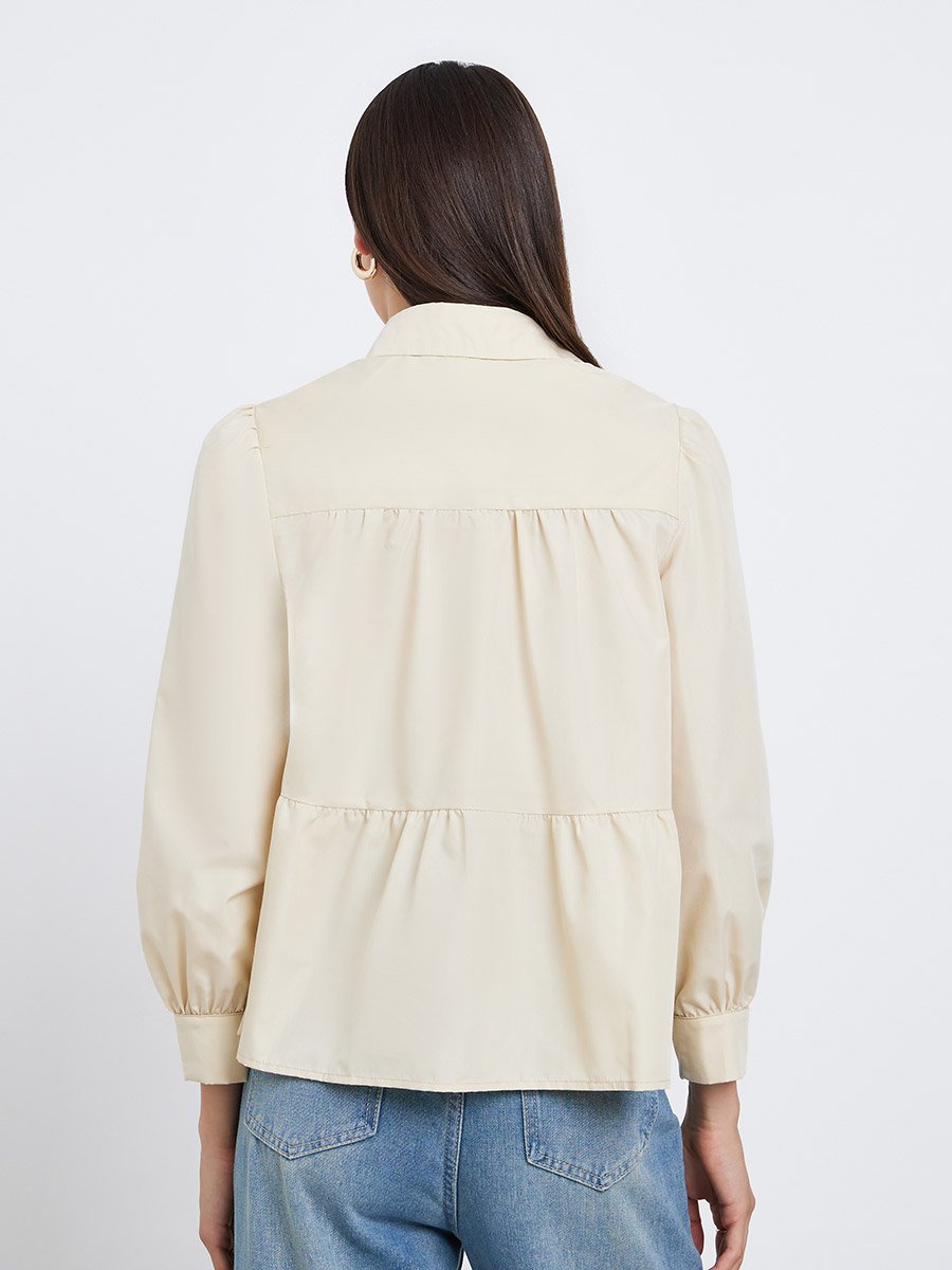 Beige Button Front Puff Sleeve Shirt