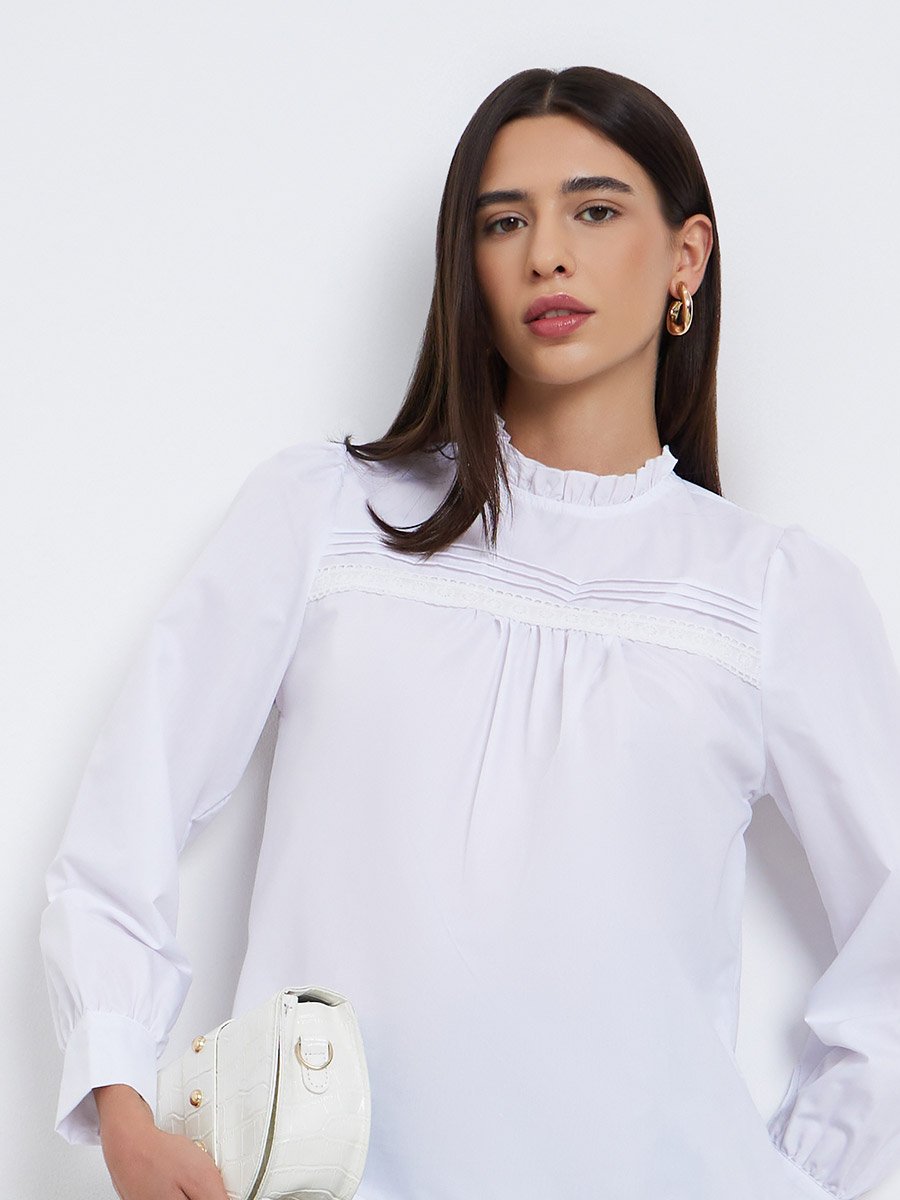 White Long Sleeve Ruffle Neck Top