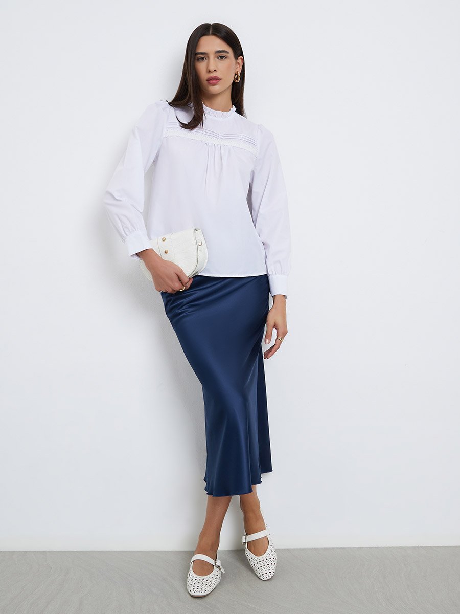 White Long Sleeve Ruffle Neck Top