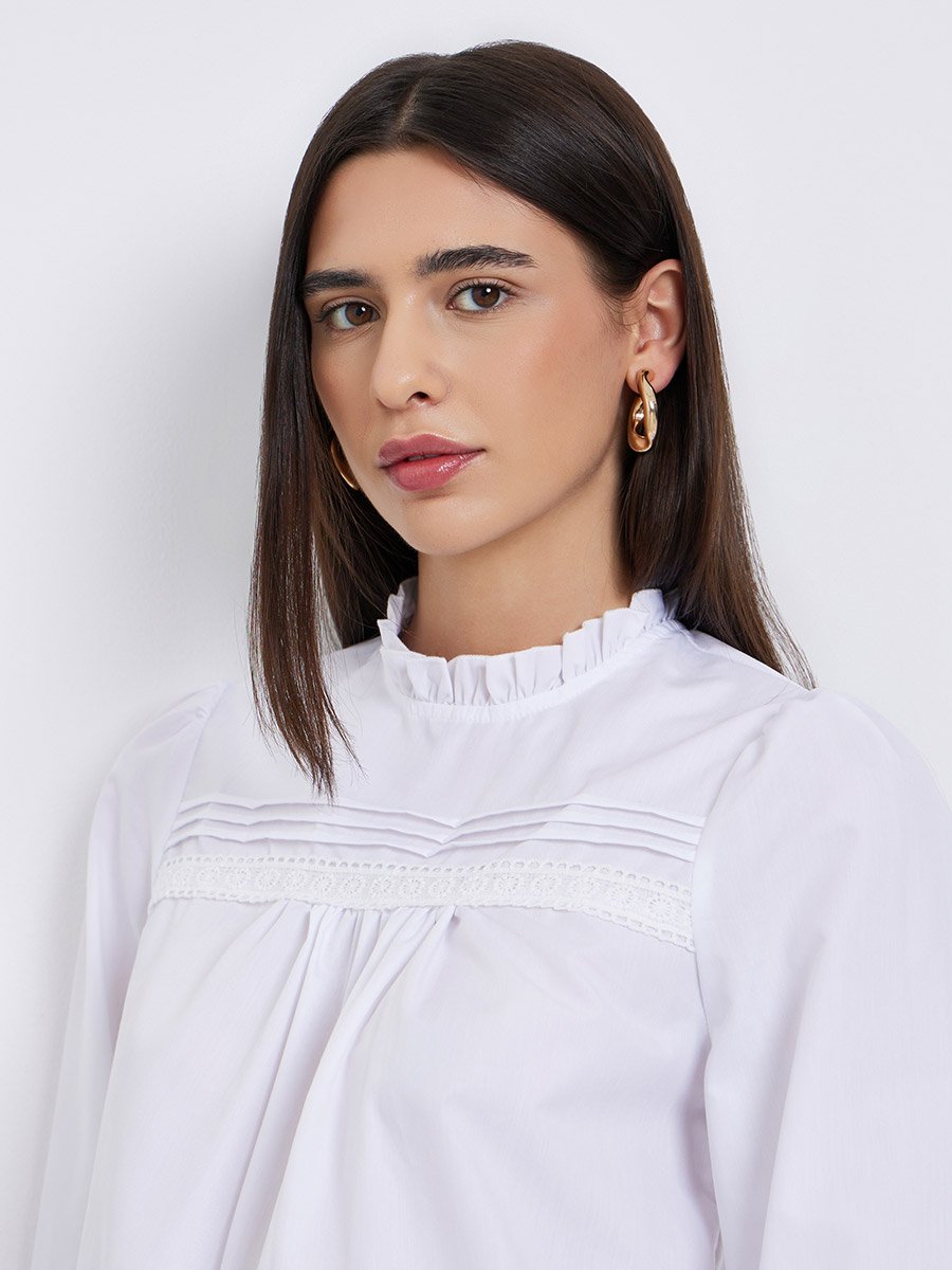 White Long Sleeve Ruffle Neck Top