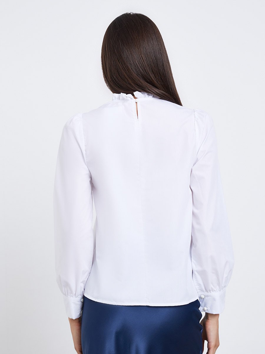 White Long Sleeve Ruffle Neck Top