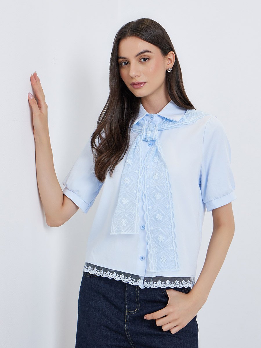 Light Blue Lace Trimmed Short Sleeve Shirt