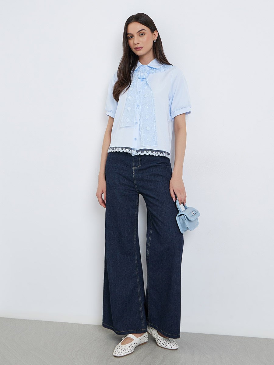 Light Blue Lace Trimmed Short Sleeve Shirt