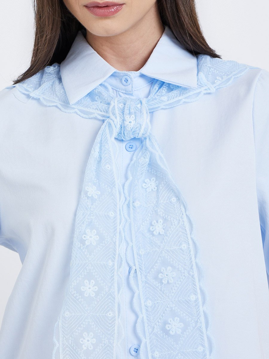 Light Blue Lace Trimmed Short Sleeve Shirt