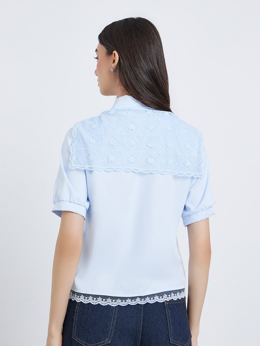 Light Blue Lace Trimmed Short Sleeve Shirt