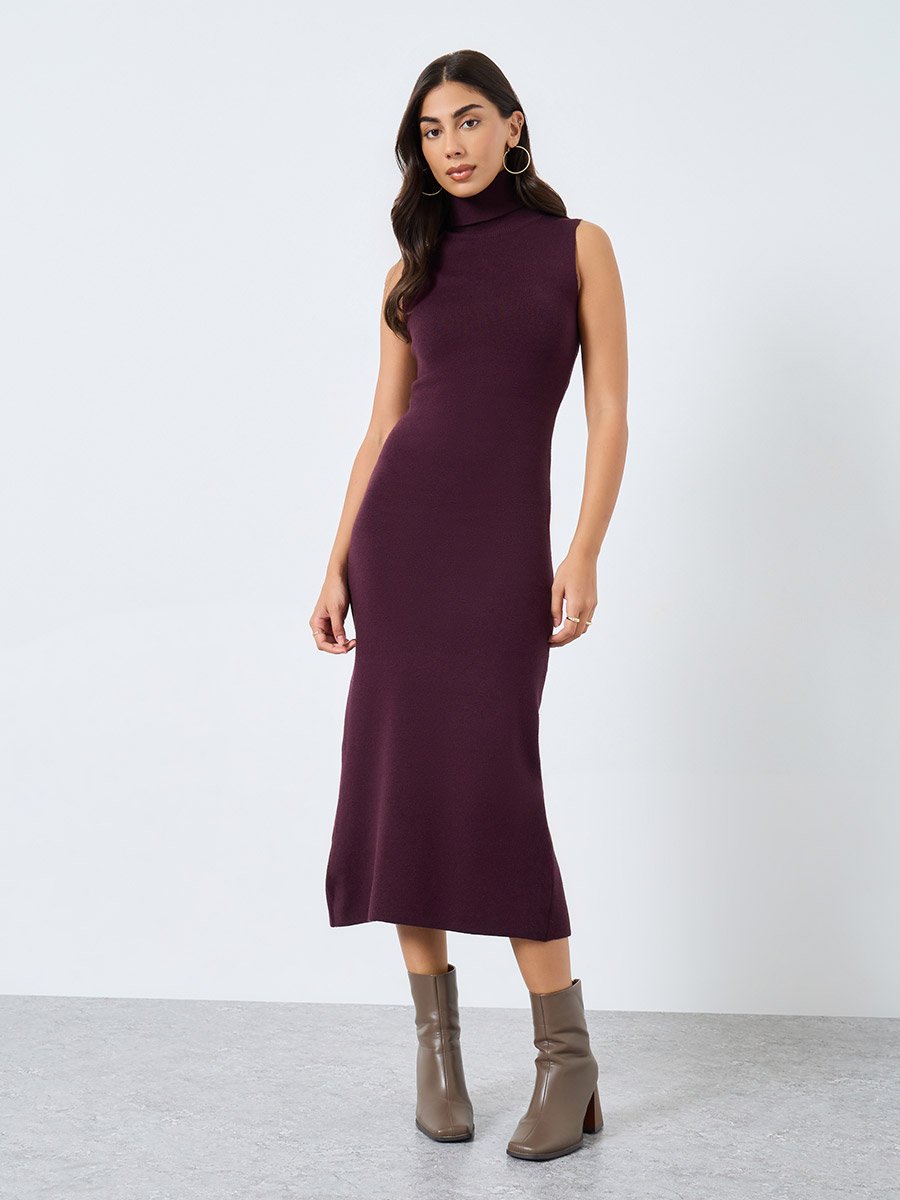 Purple Sleeveless Flat Knit Midi Dress
