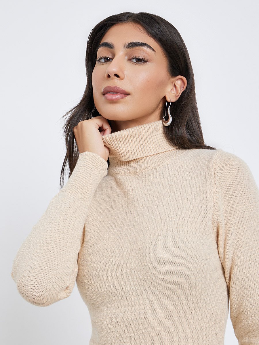 Beige Roll-Up Neck Sweater Maxi Dress