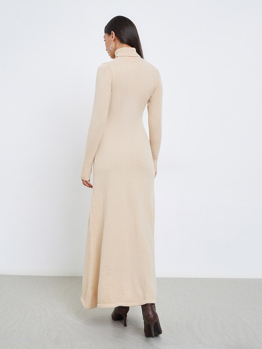 Beige Roll-Up Neck Sweater Maxi Dress