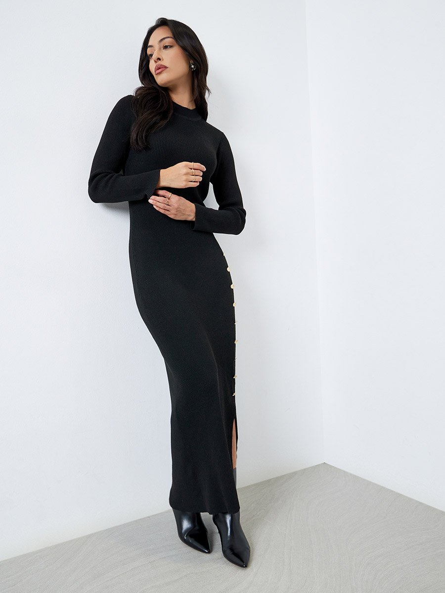 Black Side Slit Long Sleeves Sweater Maxi Dress