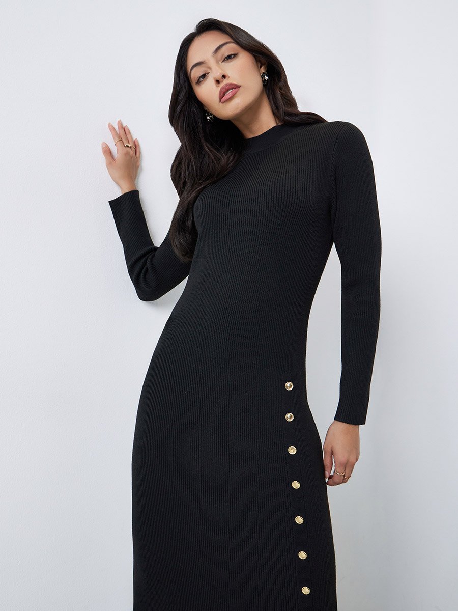 Black Side Slit Long Sleeves Sweater Maxi Dress