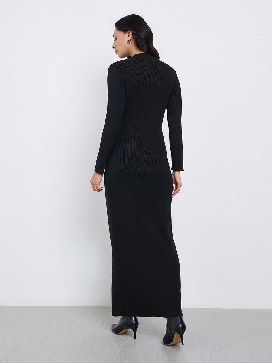 Black Side Slit Long Sleeves Sweater Maxi Dress