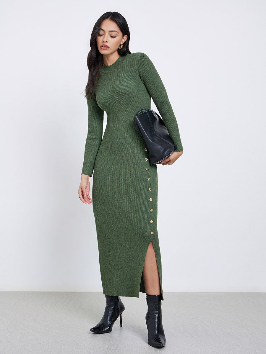 Olive Side Slit Long Sleeves Sweater Maxi Dress For Women at Bahrain | Styli Olive Side Slit Long Sleeves Sweater Maxi Dress For Women at Bahrain | Styli
