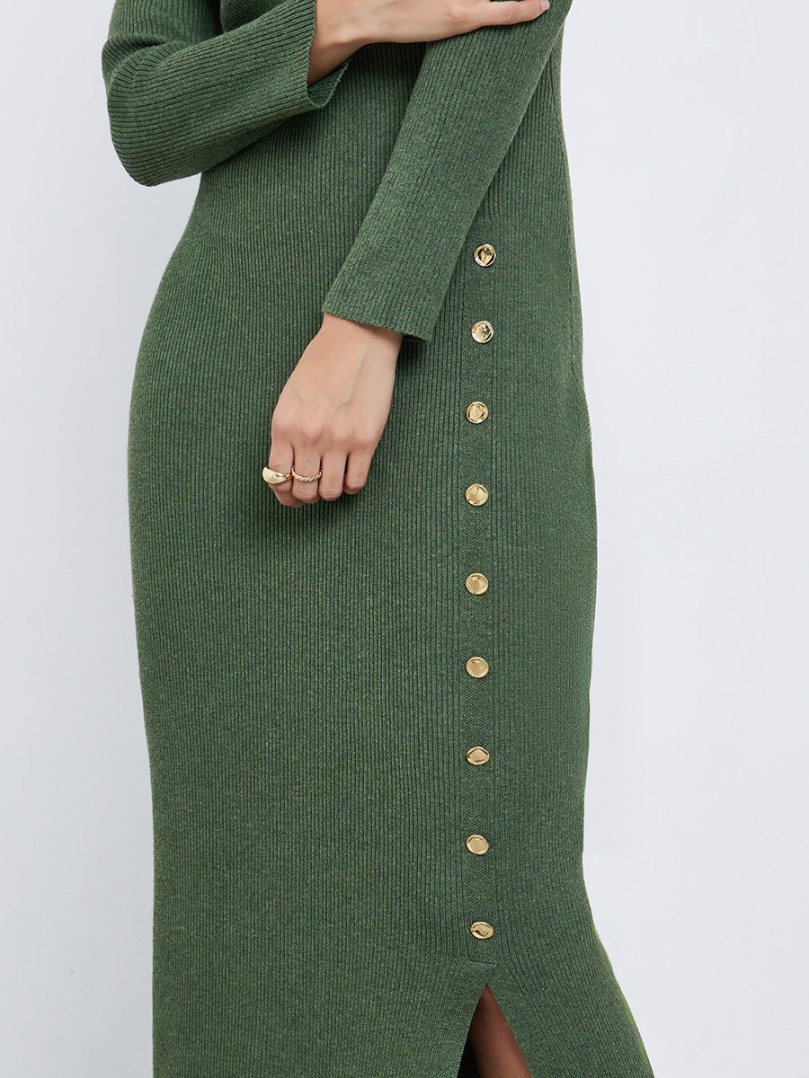 Olive Side Slit Long Sleeves Sweater Maxi Dress