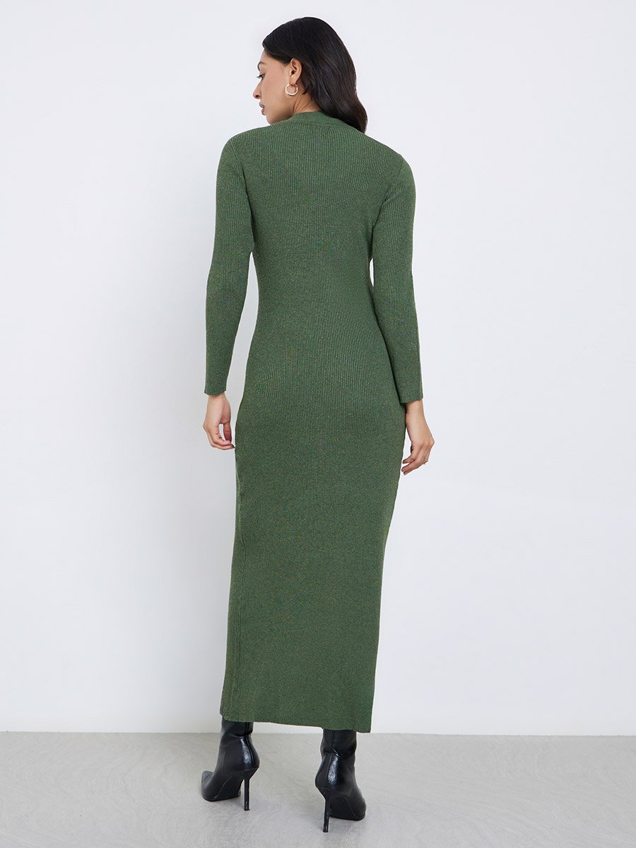 Olive Side Slit Long Sleeves Sweater Maxi Dress For Women at Kuwait | Styli Olive Side Slit Long Sleeves Sweater Maxi Dress For Women at Kuwait | Styli