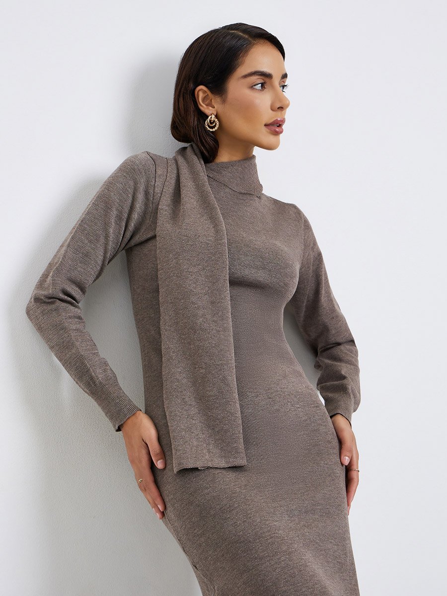 Brown Knit Midi Sweater Dress