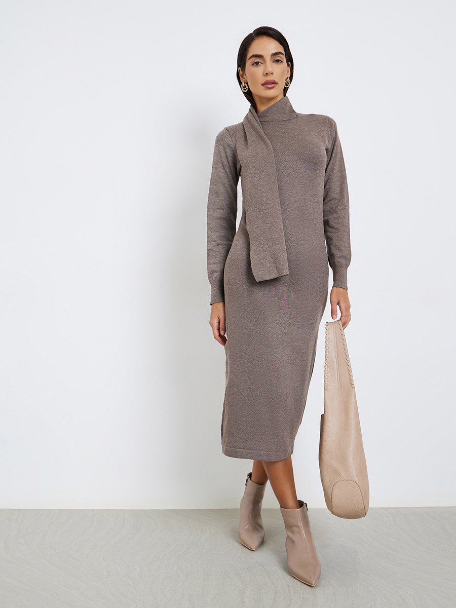 Brown Knit Midi Sweater Dress