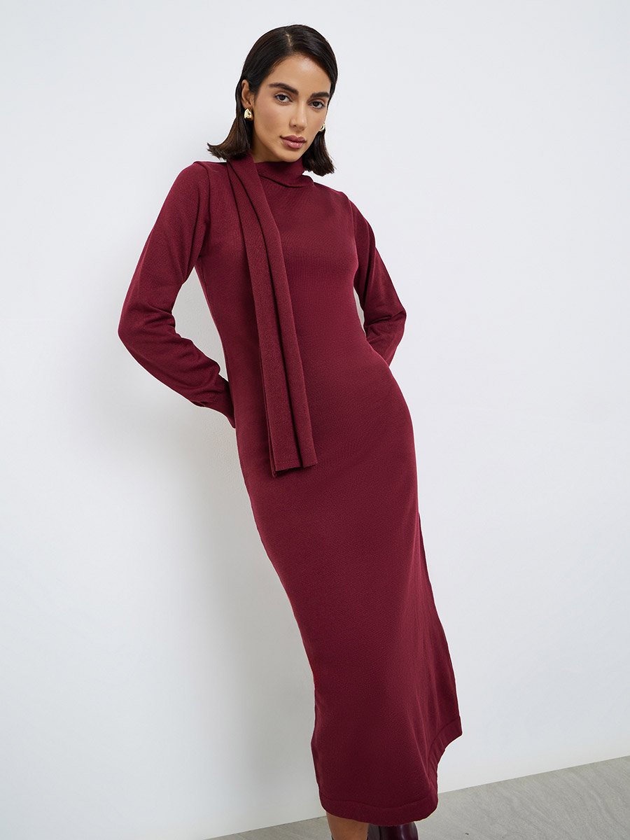 Burgundy Knit Midi Sweater Dress For Women at Kuwait | Styli Burgundy Knit Midi Sweater Dress For Women at Kuwait | Styli