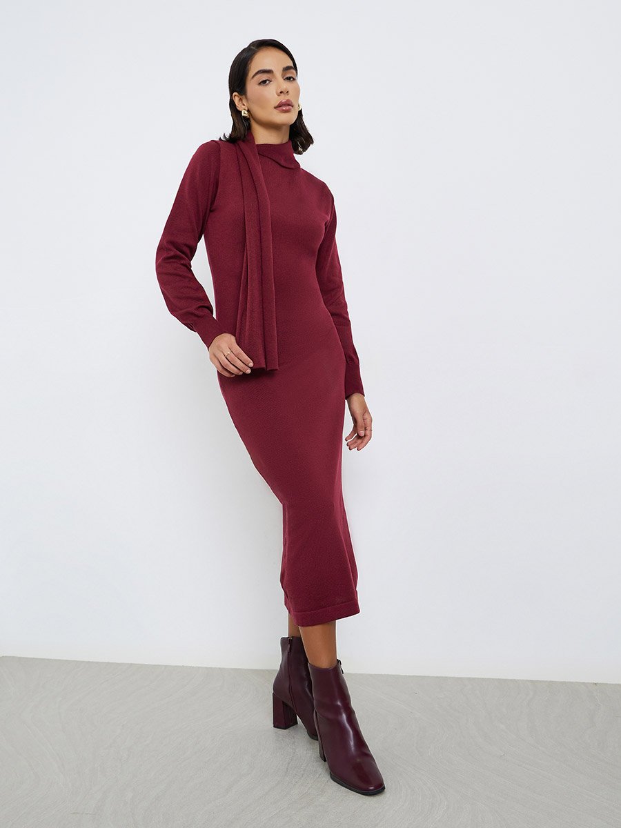 Burgundy Knit Midi Sweater Dress For Women at Kuwait | Styli