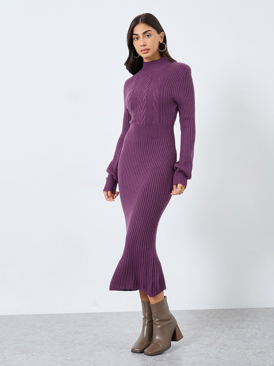 Purple Cable Knit Sweater Midi Dress