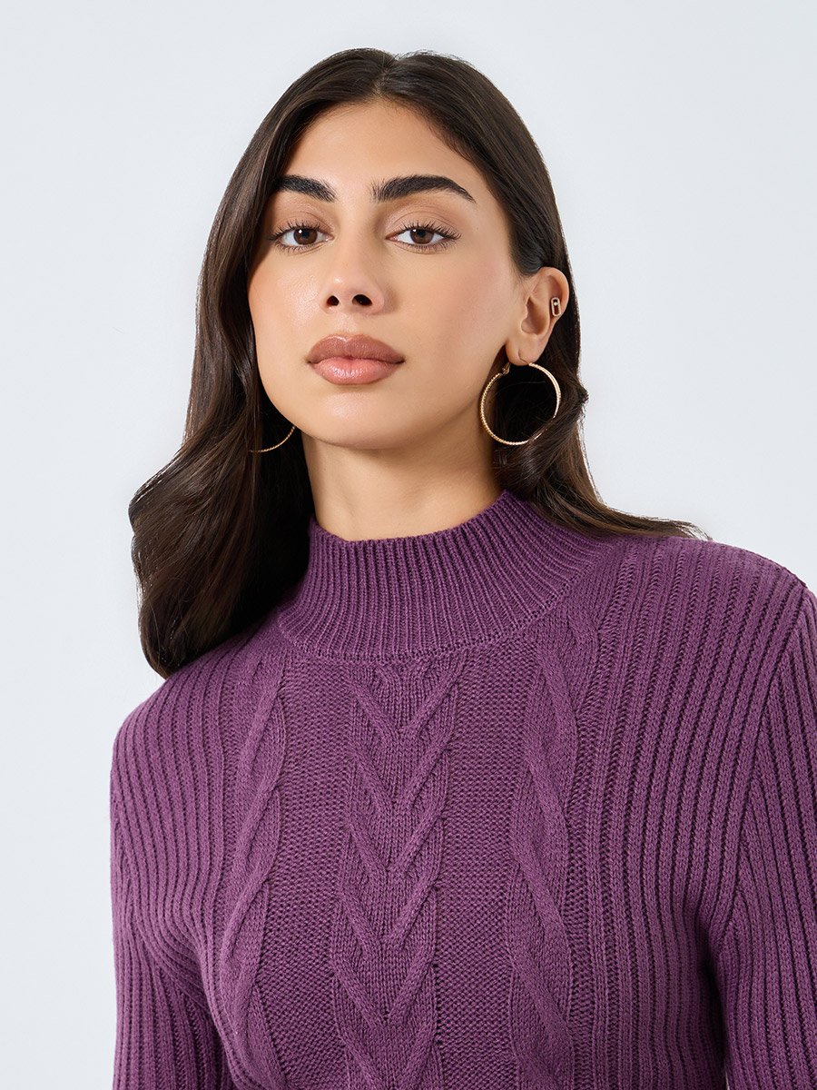 Purple Cable Knit Sweater Midi Dress