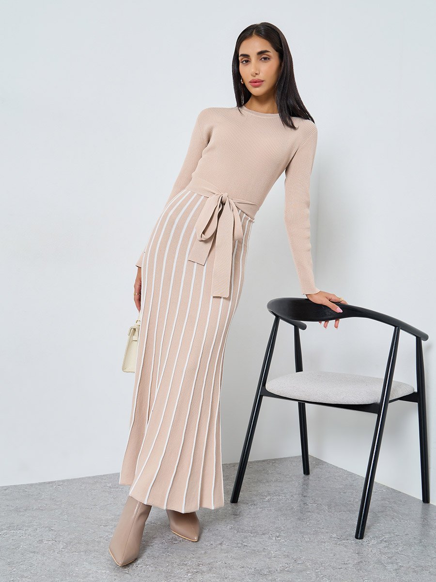 Striped Long Sleeves Sweater A-Line Maxi Dress