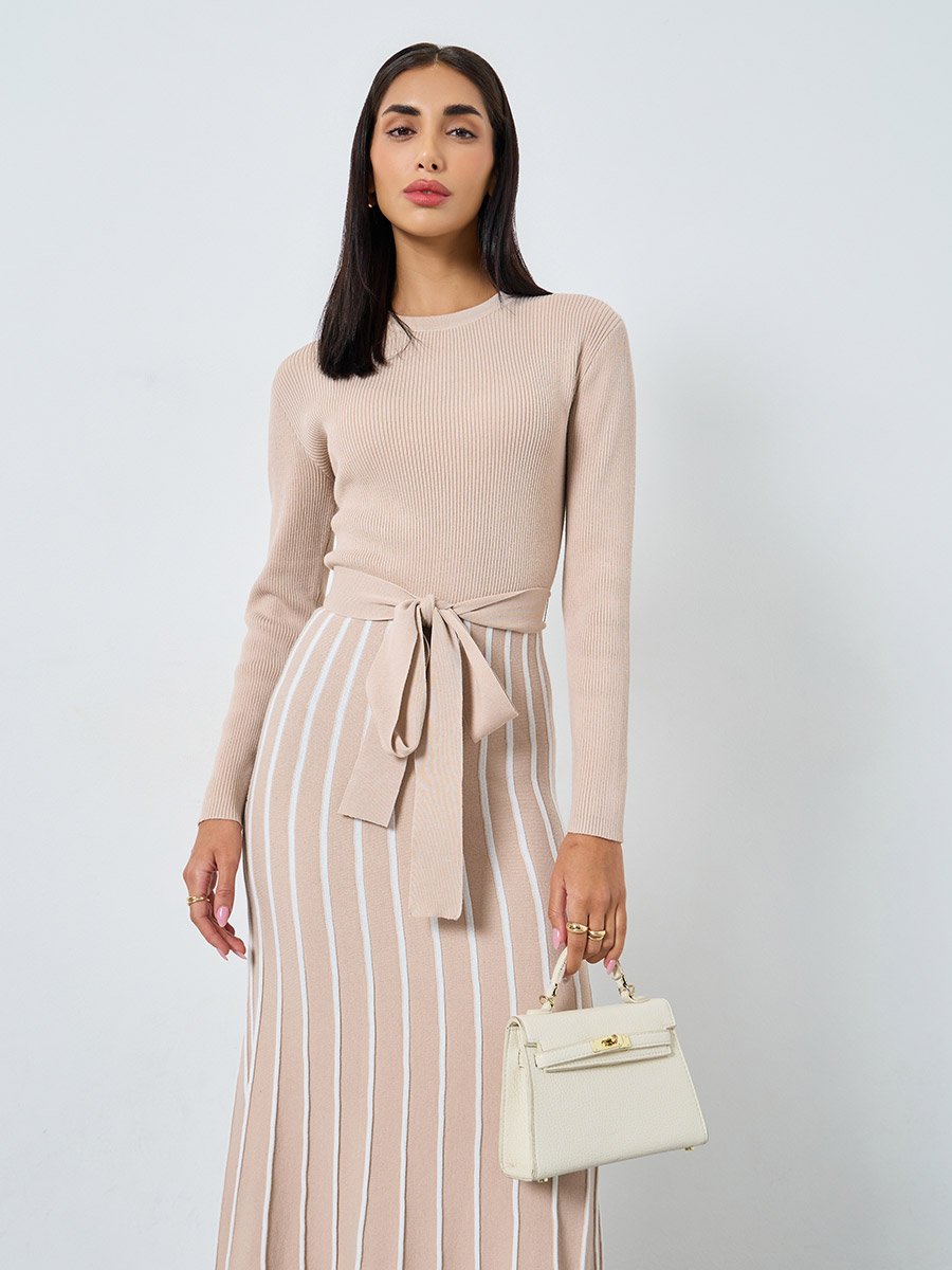 Striped Long Sleeves Sweater A-Line Maxi Dress