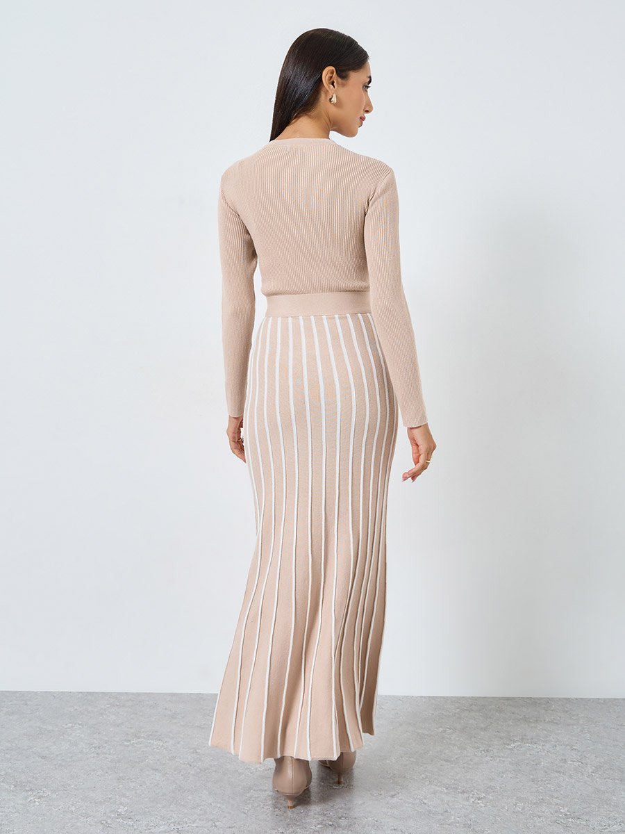 Striped Long Sleeves Sweater A-Line Maxi Dress