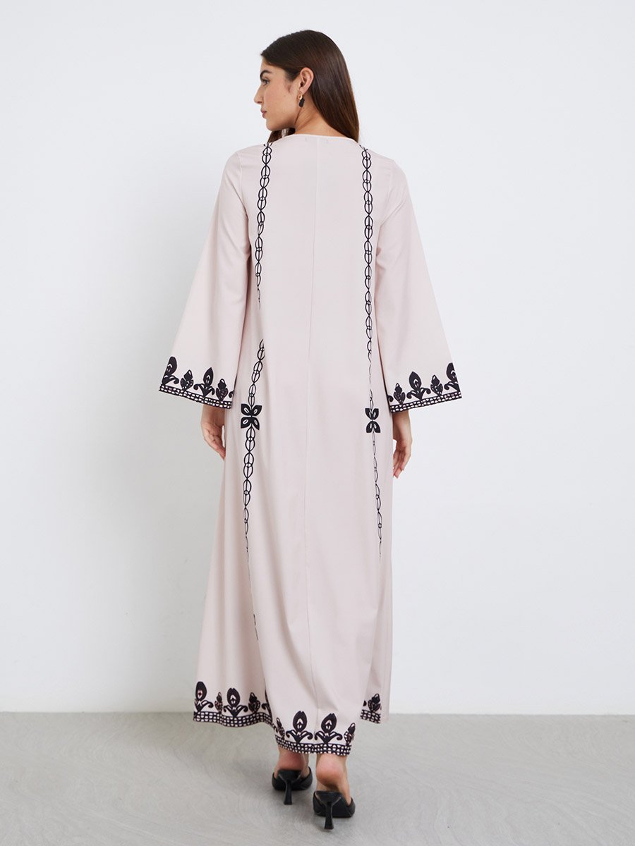 Cream V Neck Printed Jalabiya