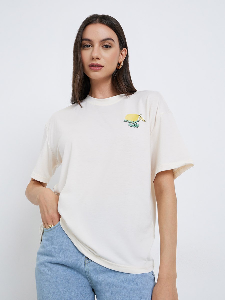 Cream Graphic Print Oversized T-Shirt