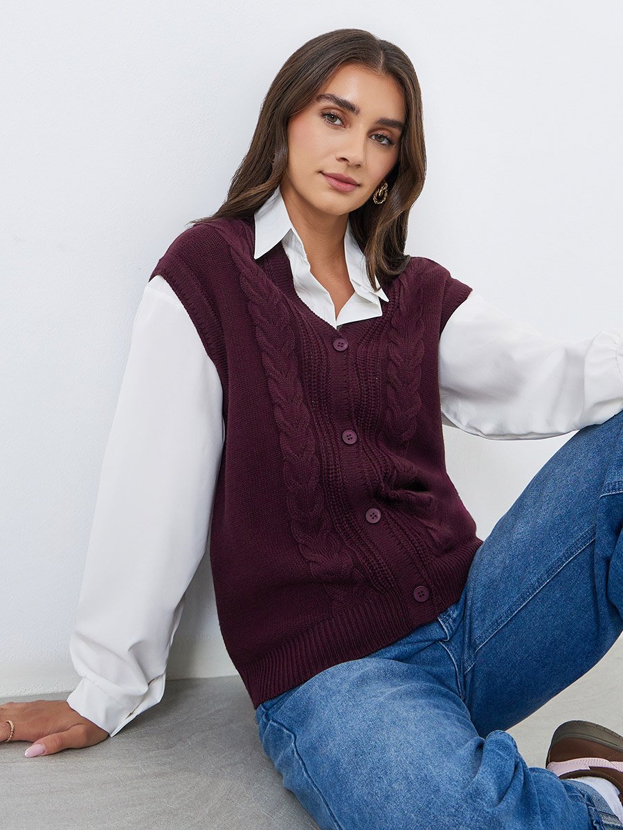 Women Burgundy Cable Knit Vest