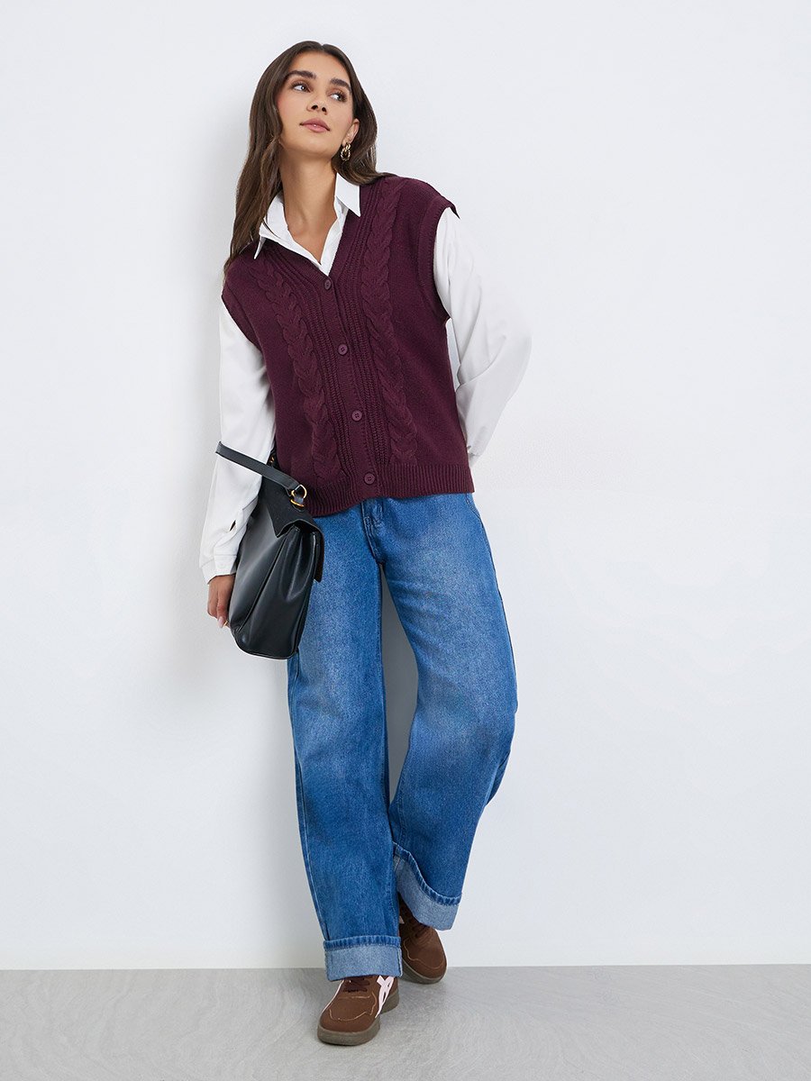 Women Burgundy Cable Knit Vest