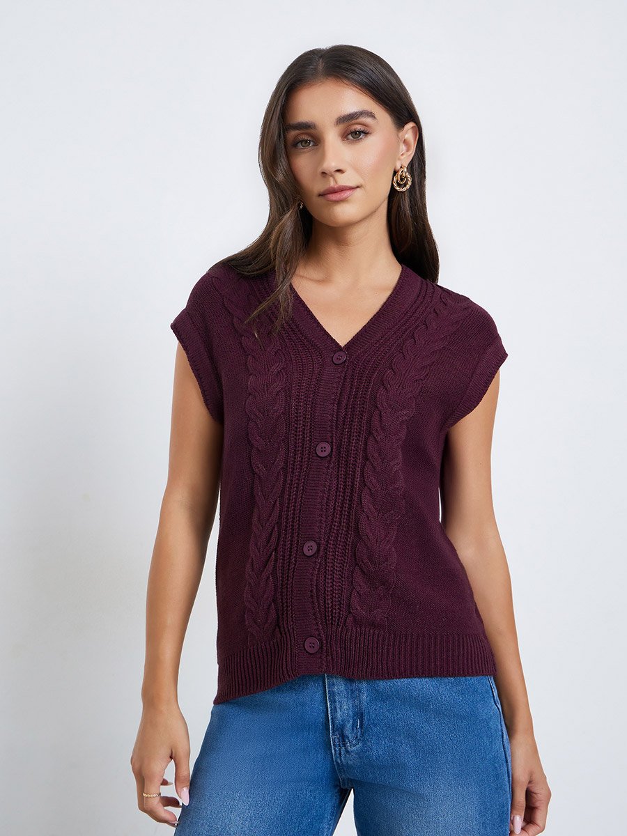 Women Burgundy Cable Knit Vest