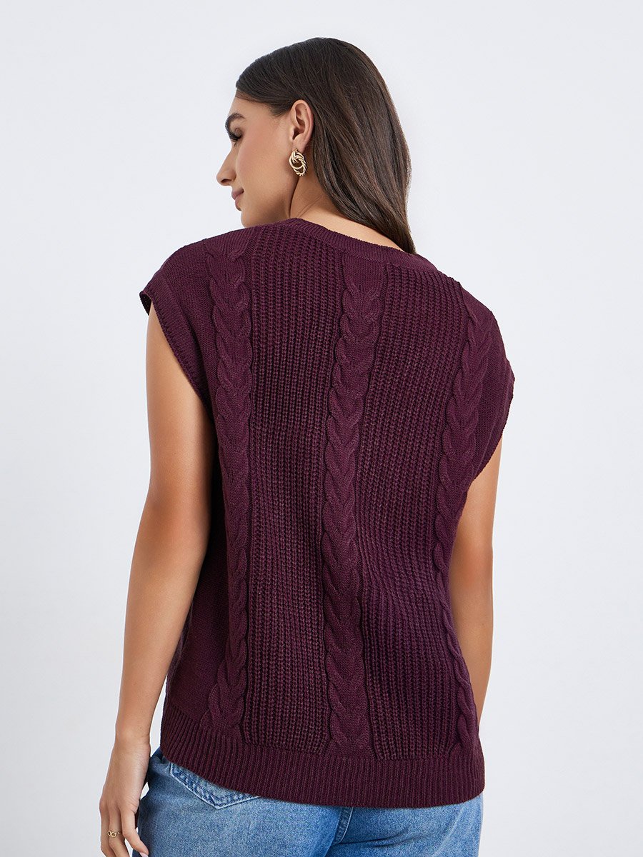 Women Burgundy Cable Knit Vest
