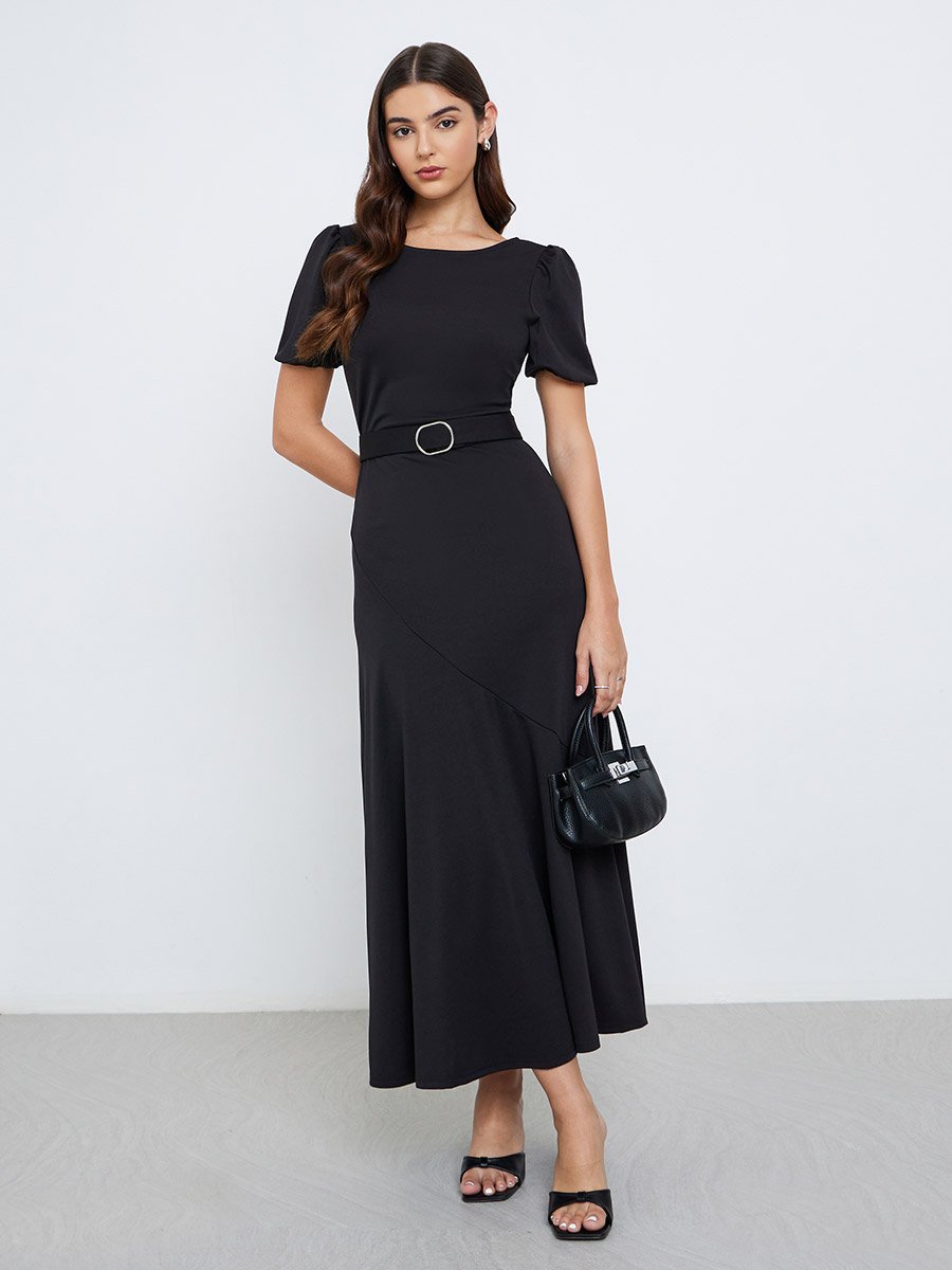 Black Puff Sleeves Maxi Dress with Buckle Accent