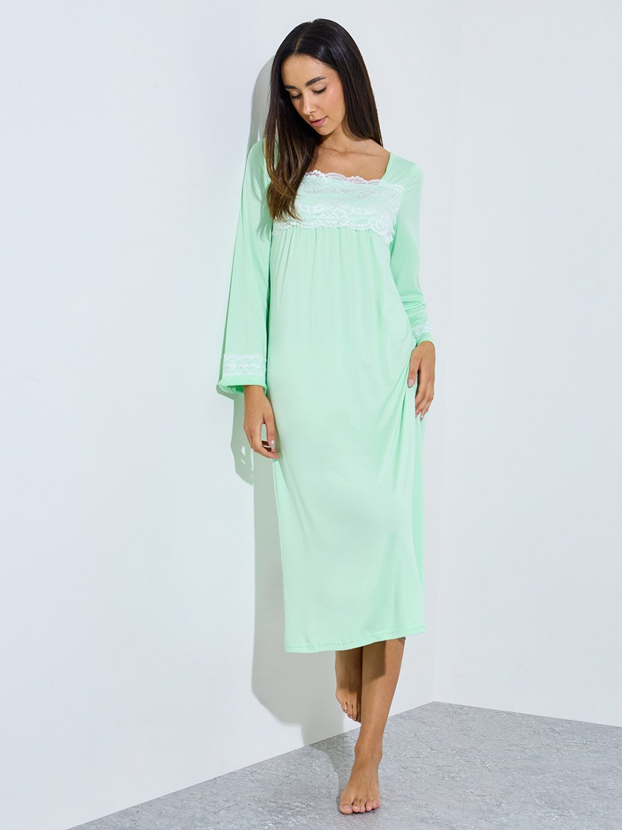 Green Lace Detail Long Sleeve Nightdress