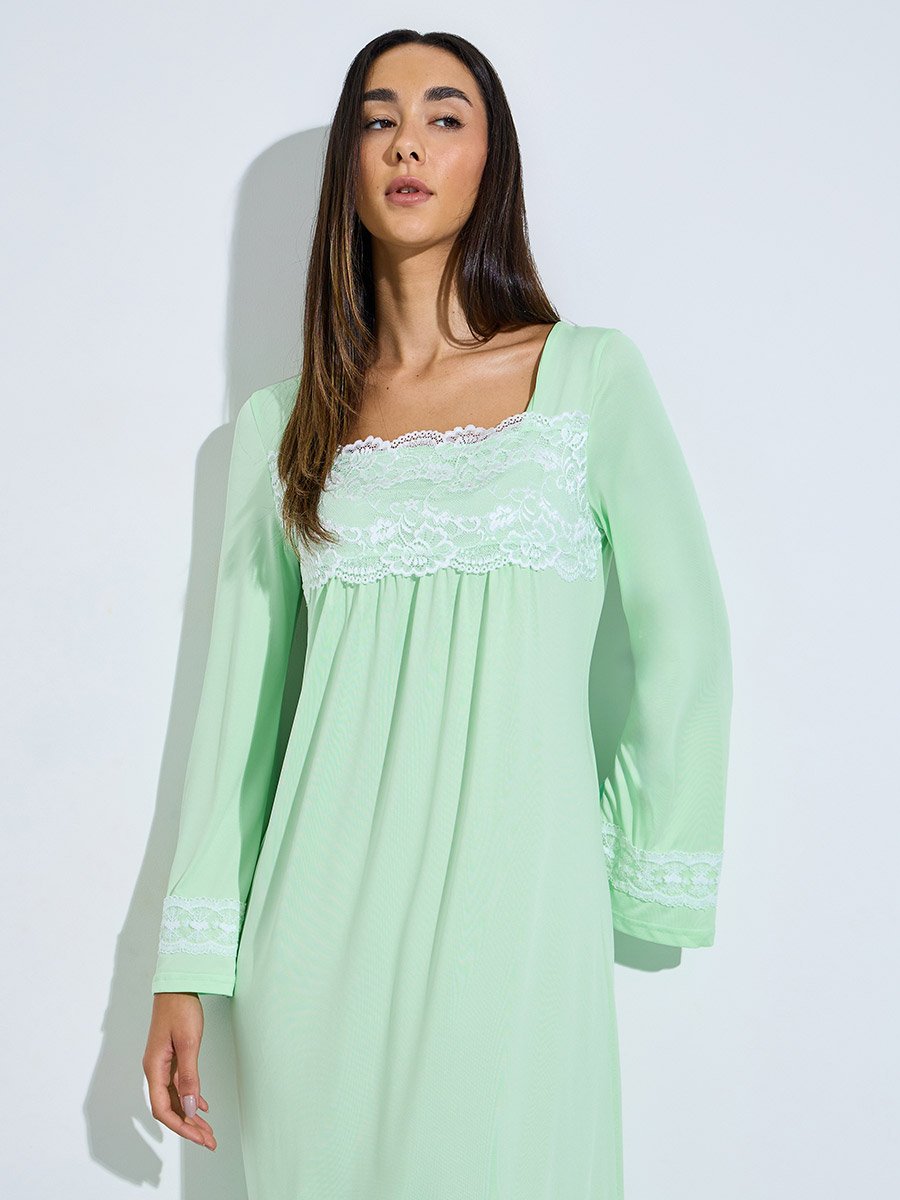 Green Lace Detail Long Sleeve Nightdress