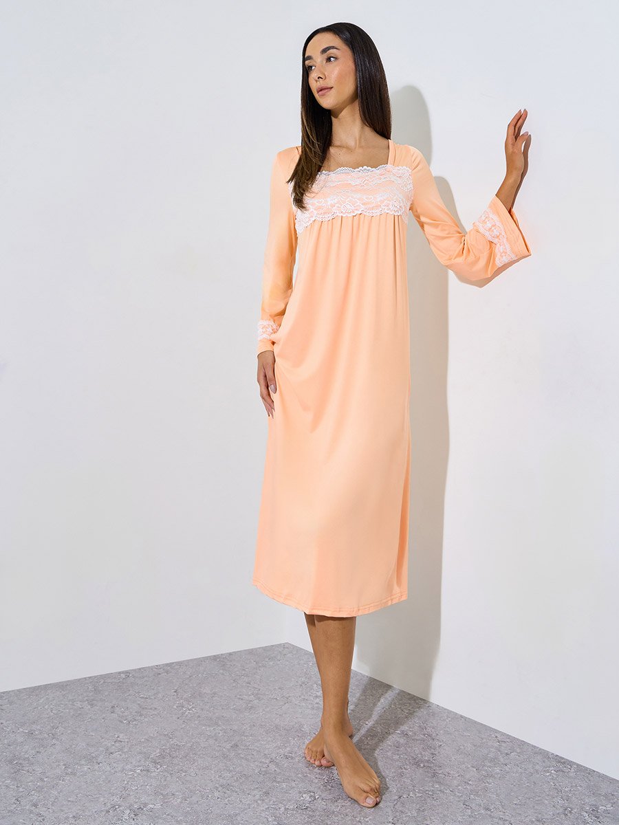 Orange Lace Detail Long Sleeve Nightdress