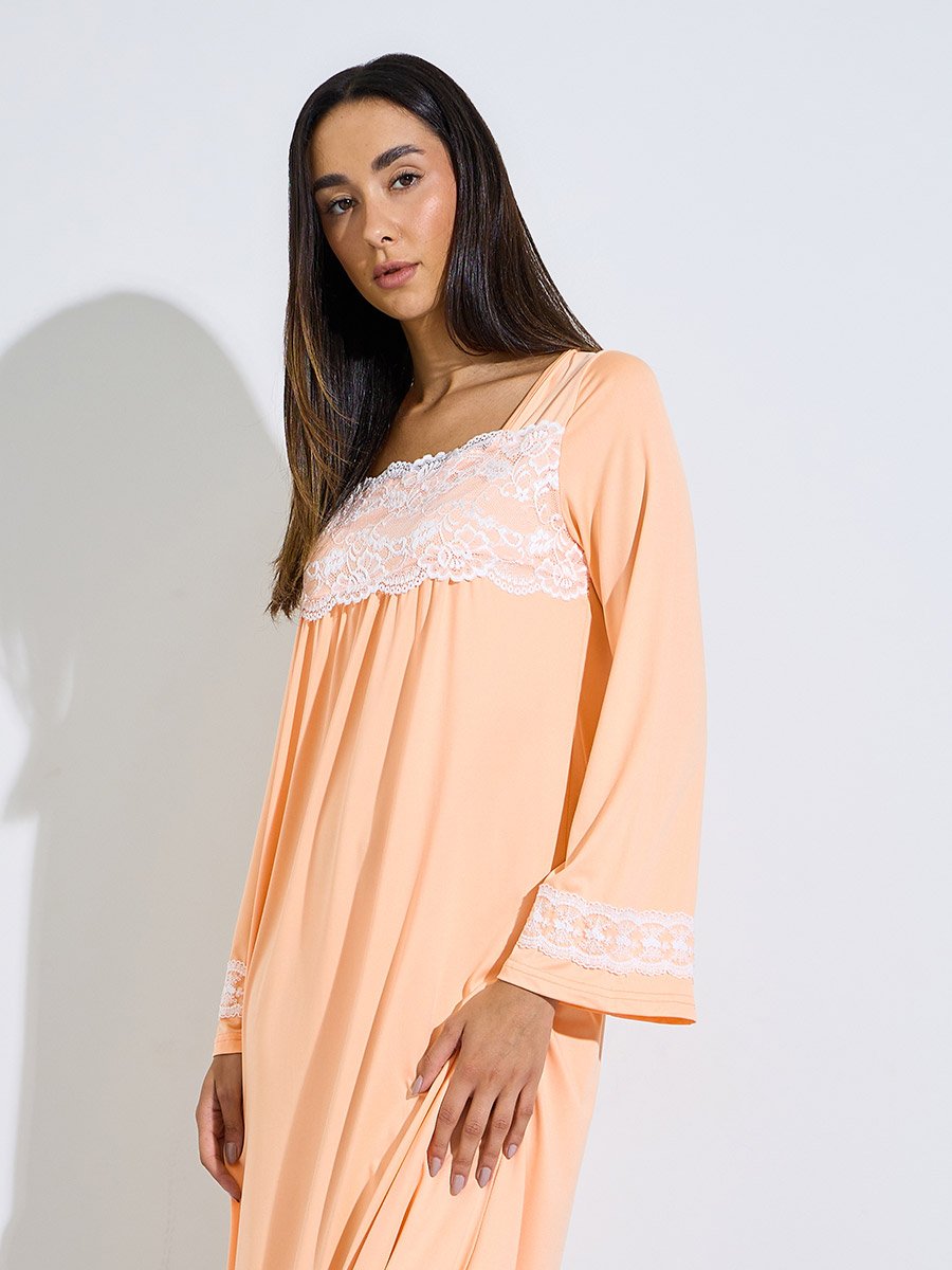 Orange Lace Detail Long Sleeve Nightdress