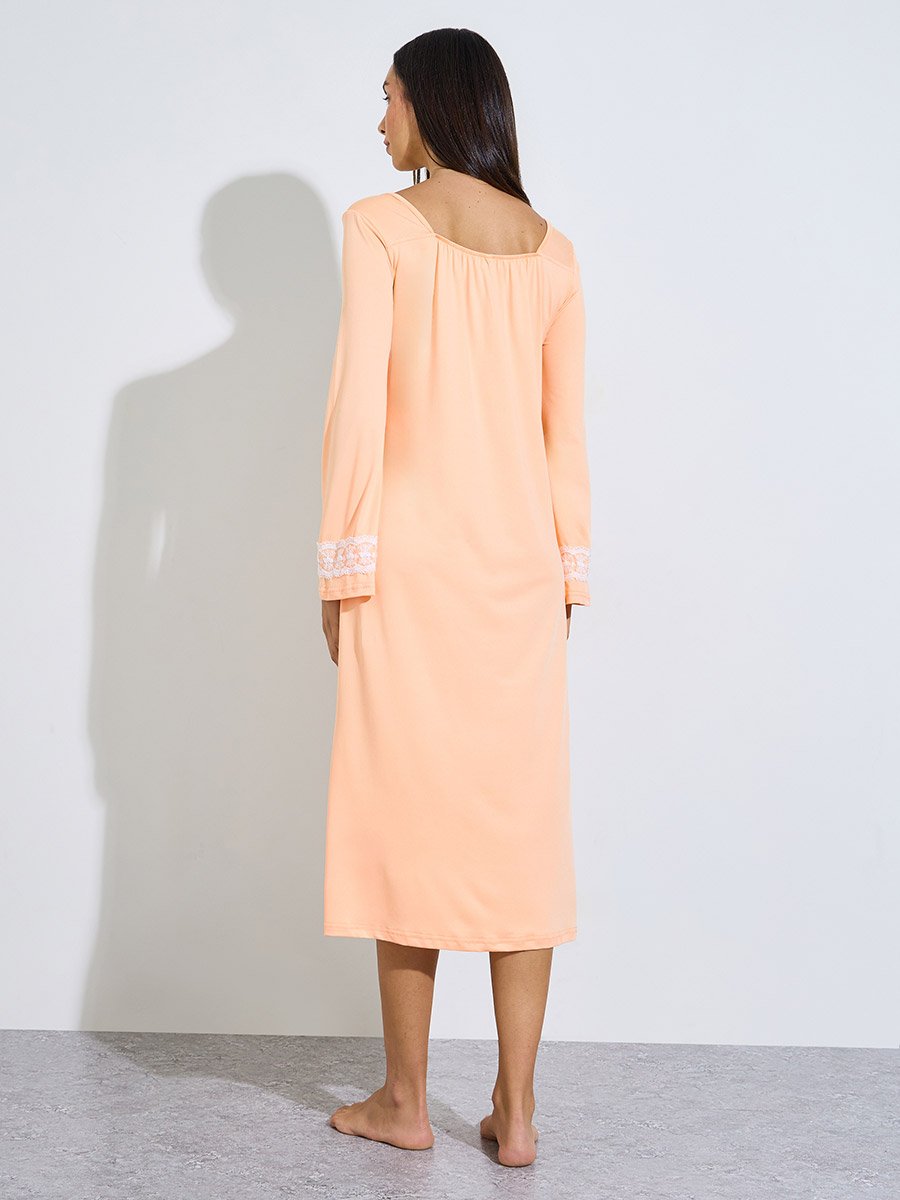 Orange Lace Detail Long Sleeve Nightdress