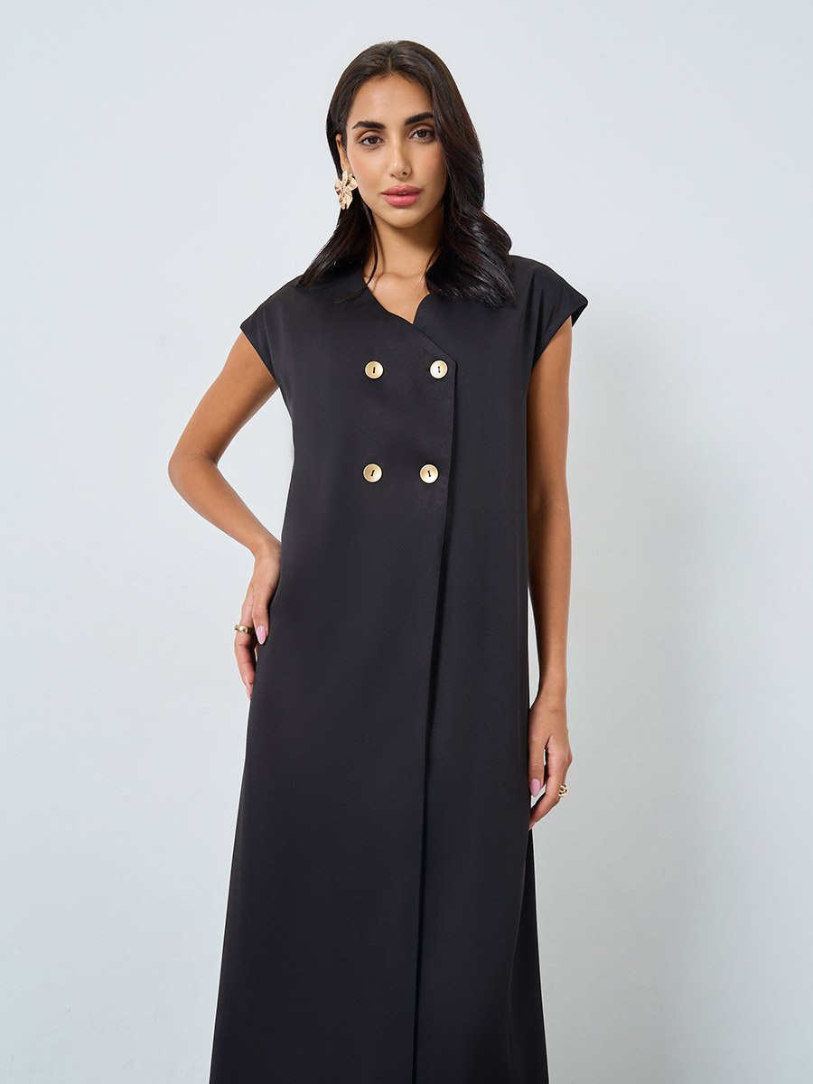 Black Double Breasted Maxi Jalabiya Dress