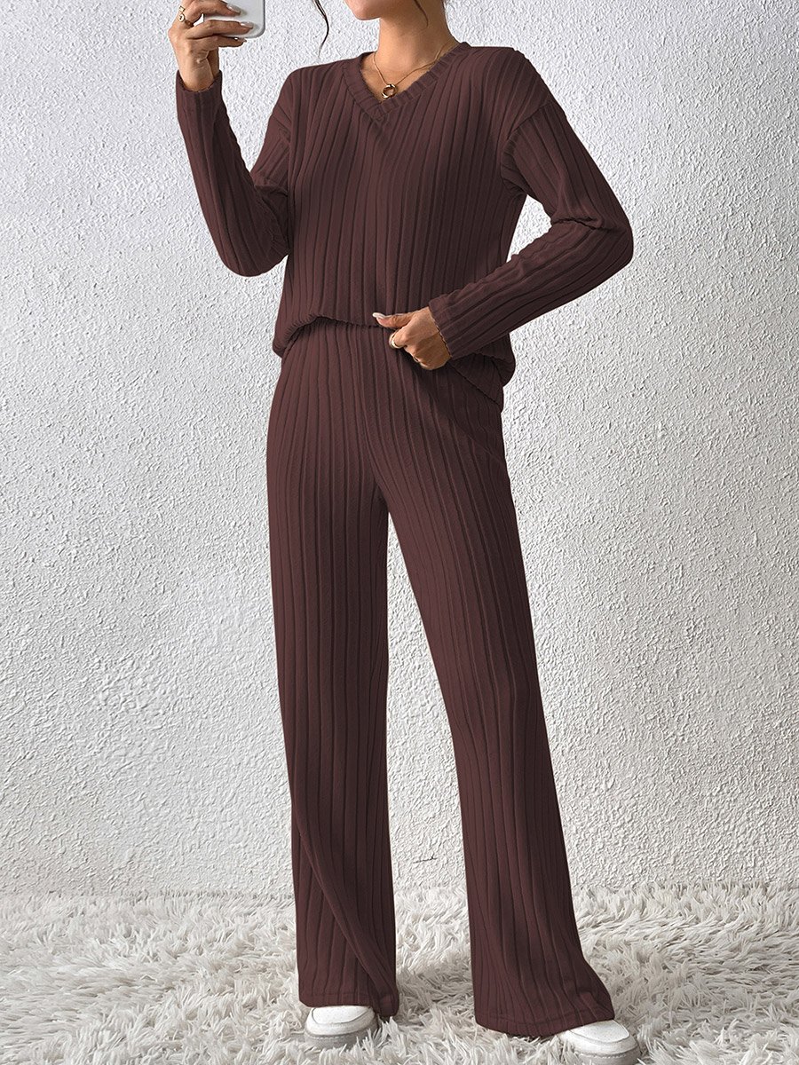 Coffee Brown Ribbed Knit Top and Pants Co-Ords