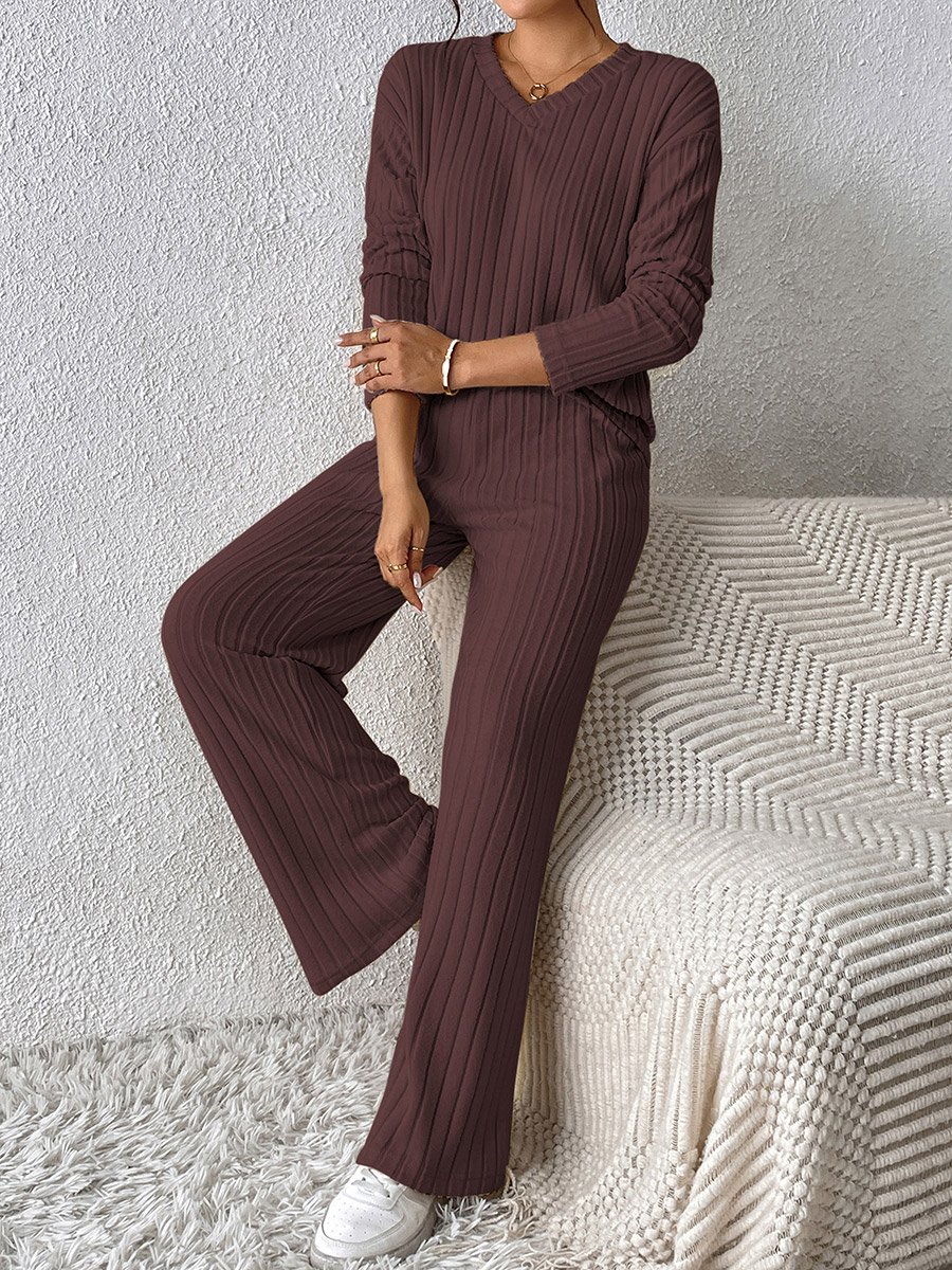 Coffee Brown Ribbed Knit Top and Pants Co-Ords