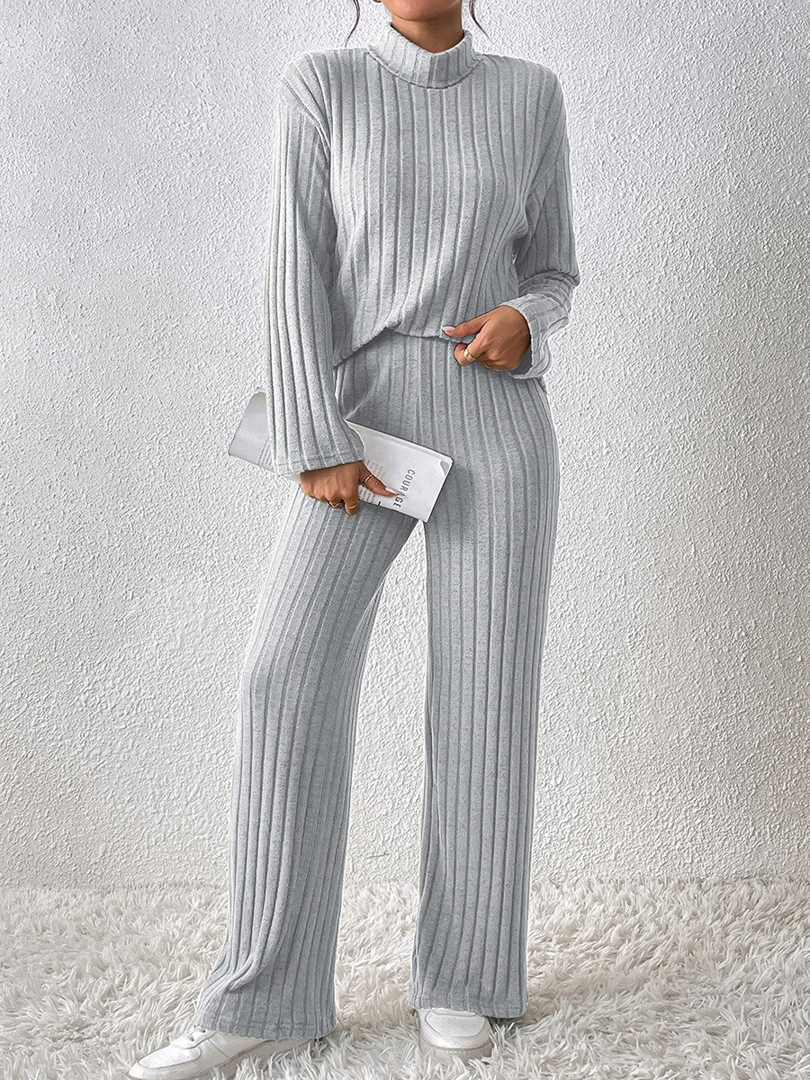 Grey Ribbed Knit Top and Wide Leg Pants Co-ords